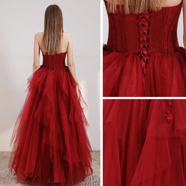 Elegant Rød Ballkjoler 2020 Prinsesse Kjæreste Uten Ermer Appliques Blomst Beading Glitter Tyll Lange Buste Ryggløse Formelle Kjoler