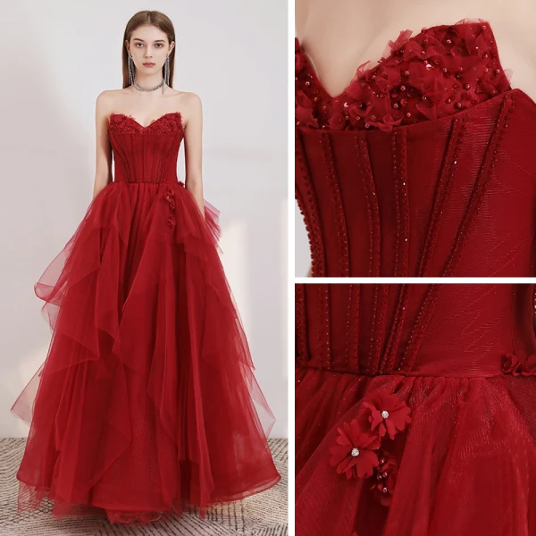 Elegant Rød Ballkjoler 2020 Prinsesse Kjæreste Uten Ermer Appliques Blomst Beading Glitter Tyll Lange Buste Ryggløse Formelle Kjoler