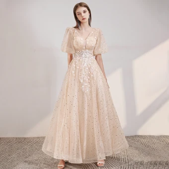 Victorian Style Champagne Evening Dresses 2020 A Line Princess Deep V Neck Puffy 1 2 Sleeves Appliques Lace Beading Sequins Floor Length Long Ruffle Backless Formal Dresses