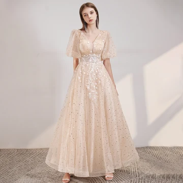 Victorian Style Champagne Evening Dresses 2020 A Line Princess Deep V Neck Puffy 1 2 Sleeves Appliques Lace Beading Sequins Floor Length Long Ruffle Backless Formal Dresses