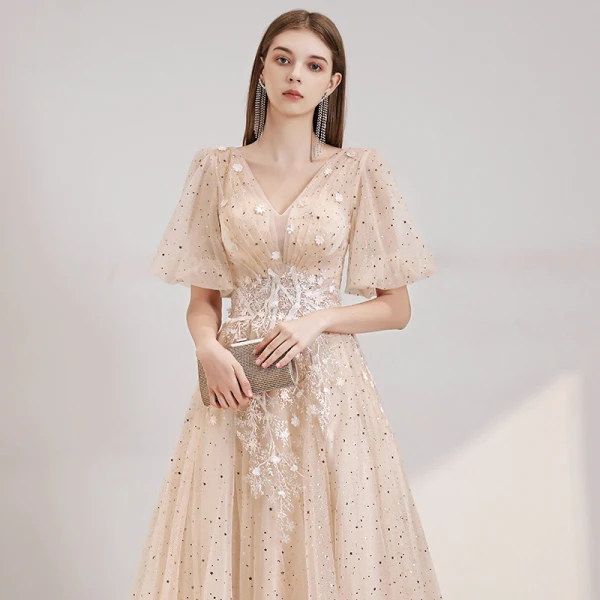 Style Victorien Champagne Robe De Soirée 2020 Princesse Col v profond Gonflée 1/2 Manches Appliques En Dentelle Perlage Paillettes Longue Volants Dos Nu Robe De Ceremonie