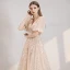 Style Victorien Champagne Robe De Soirée 2020 Princesse Col v profond Gonflée 1/2 Manches Appliques En Dentelle Perlage Paillettes Longue Volants Dos Nu Robe De Ceremonie