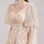 Style Victorien Champagne Robe De Soirée 2020 Princesse Col v profond Gonflée 1/2 Manches Appliques En Dentelle Perlage Paillettes Longue Volants Dos Nu Robe De Ceremonie