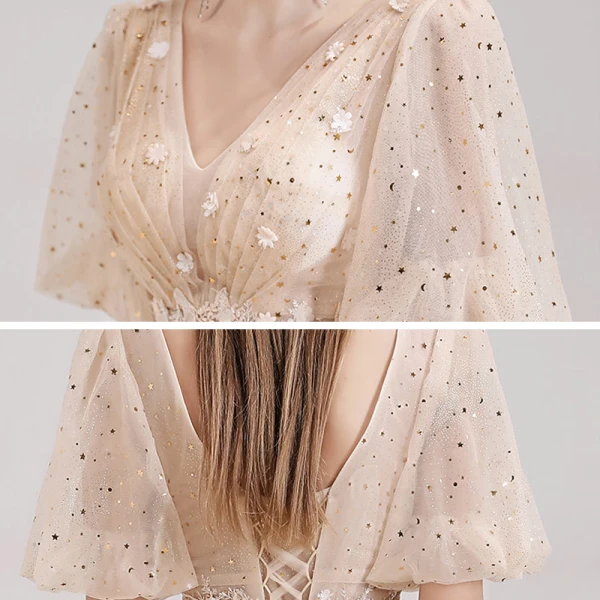 Style Victorien Champagne Robe De Soirée 2020 Princesse Col v profond Gonflée 1/2 Manches Appliques En Dentelle Perlage Paillettes Longue Volants Dos Nu Robe De Ceremonie