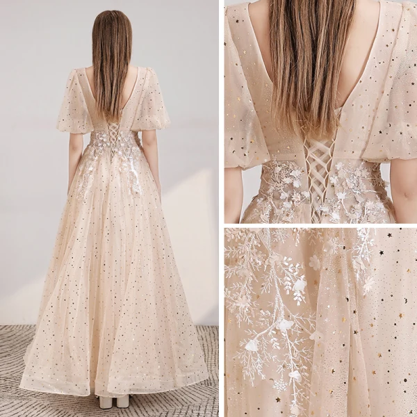 Style Victorien Champagne Robe De Soirée 2020 Princesse Col v profond Gonflée 1/2 Manches Appliques En Dentelle Perlage Paillettes Longue Volants Dos Nu Robe De Ceremonie