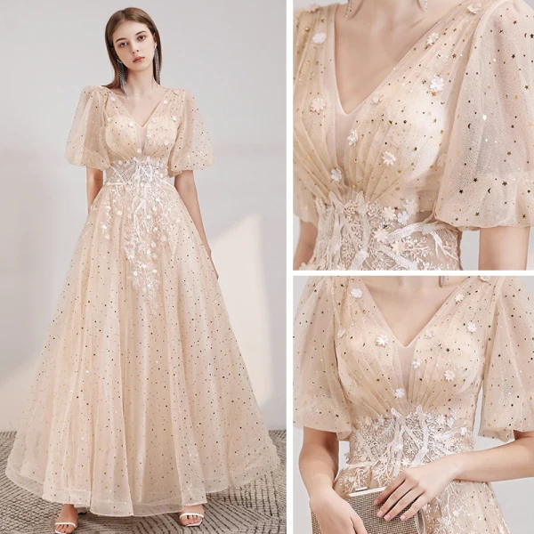 Style Victorien Champagne Robe De Soirée 2020 Princesse Col v profond Gonflée 1/2 Manches Appliques En Dentelle Perlage Paillettes Longue Volants Dos Nu Robe De Ceremonie
