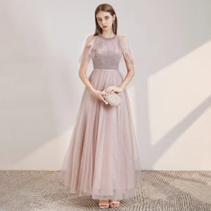 Elegant Rødmende Rosa Selskapskjoler 2020 Prinsesse Scoop Halsen Korte Ermer Beading Sash Glitter Tyll Lange Buste Ryggløse Formelle Kjoler