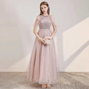 Élégant Rougissant Rose Robe De Soirée 2020 Princesse Encolure Dégagée Manches Courtes Perlage Ceinture Glitter Tulle Longue Volants Dos Nu Robe De Ceremonie