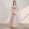 Elegant Blushing Pink Evening Dresses  2020 A-Line / Princess Scoop Neck Short Sleeve Beading Sash Glitter Tulle Floor-Length / Long Ruffle Backless Formal Dresses