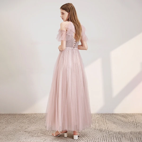 Elegant Blushing Pink Evening Dresses  2020 A-Line / Princess Scoop Neck Short Sleeve Beading Sash Glitter Tulle Floor-Length / Long Ruffle Backless Formal Dresses
