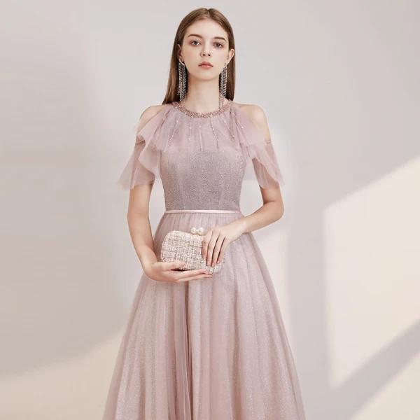 Elegant Blushing Pink Evening Dresses  2020 A-Line / Princess Scoop Neck Short Sleeve Beading Sash Glitter Tulle Floor-Length / Long Ruffle Backless Formal Dresses