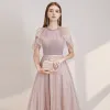 Elegant Blushing Pink Evening Dresses  2020 A-Line / Princess Scoop Neck Short Sleeve Beading Sash Glitter Tulle Floor-Length / Long Ruffle Backless Formal Dresses