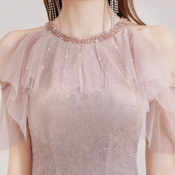 Elegant Blushing Pink Evening Dresses  2020 A-Line / Princess Scoop Neck Short Sleeve Beading Sash Glitter Tulle Floor-Length / Long Ruffle Backless Formal Dresses