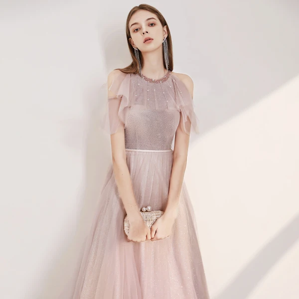 Elegant Blushing Pink Evening Dresses  2020 A-Line / Princess Scoop Neck Short Sleeve Beading Sash Glitter Tulle Floor-Length / Long Ruffle Backless Formal Dresses