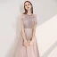 Elegant Blushing Pink Evening Dresses  2020 A-Line / Princess Scoop Neck Short Sleeve Beading Sash Glitter Tulle Floor-Length / Long Ruffle Backless Formal Dresses