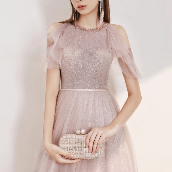 Elegant Blushing Pink Evening Dresses  2020 A-Line / Princess Scoop Neck Short Sleeve Beading Sash Glitter Tulle Floor-Length / Long Ruffle Backless Formal Dresses