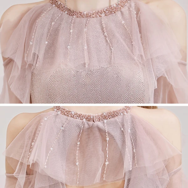 Elegant Blushing Pink Evening Dresses  2020 A-Line / Princess Scoop Neck Short Sleeve Beading Sash Glitter Tulle Floor-Length / Long Ruffle Backless Formal Dresses