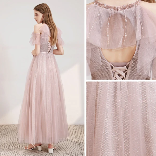 Elegant Blushing Pink Evening Dresses  2020 A-Line / Princess Scoop Neck Short Sleeve Beading Sash Glitter Tulle Floor-Length / Long Ruffle Backless Formal Dresses