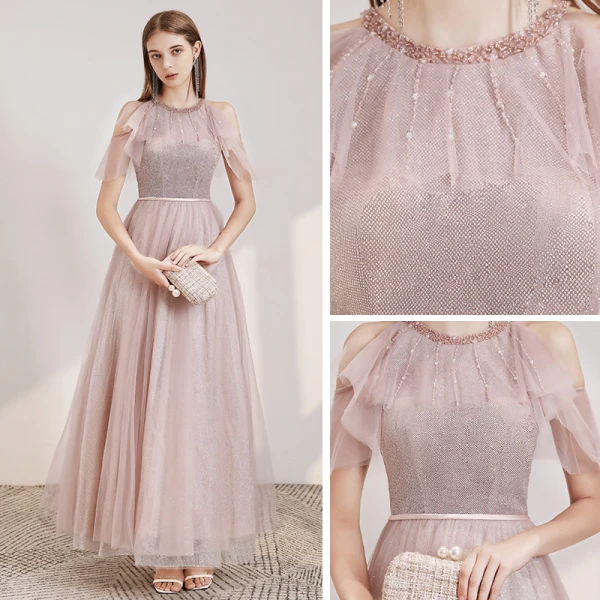 Elegant Blushing Pink Evening Dresses  2020 A-Line / Princess Scoop Neck Short Sleeve Beading Sash Glitter Tulle Floor-Length / Long Ruffle Backless Formal Dresses