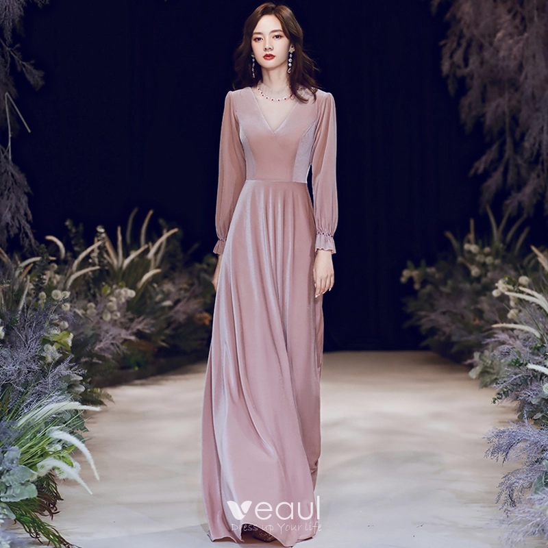 Victorian Style Blushing Pink Winter Evening Dresses 2020 A-Line / Princess  See-through High Neck Puffy Long Sleeve Beading Floor-Length / Long Ruffle  Backless Formal Dresses