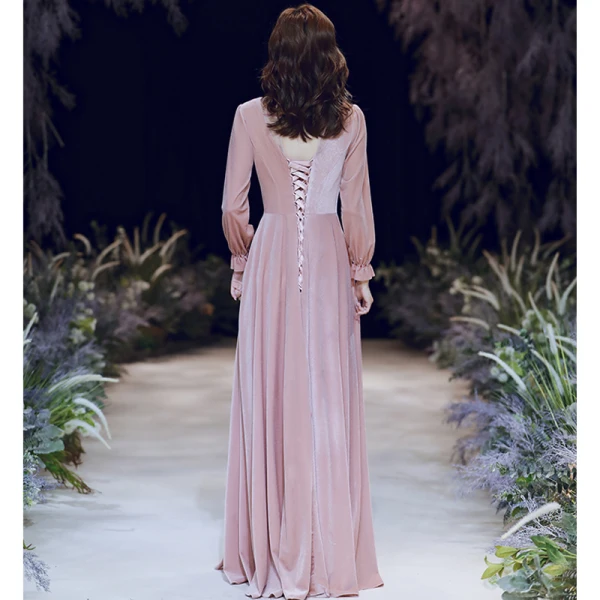 Victorian Style Blushing Pink Winter Evening Dresses 2020 A-Line / Princess See-through High Neck Puffy Long Sleeve Beading Floor-Length / Long Ruffle