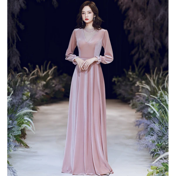 Victorian Style Blushing Pink Winter Evening Dresses 2020 A-Line / Princess See-through High Neck Puffy Long Sleeve Beading Floor-Length / Long Ruffle