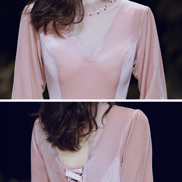 Style Victorien Rougissant Rose Hiver Robe De Soirée 2020 Princesse Transparentes Col Haut Gonflée Manches Longues Perlage Longue Volants Dos Nu Robe De Ceremonie