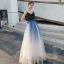 Chic / Belle Bleu Marine Dégradé De Couleur Blanche Robe De Soirée 2020 Princesse Bretelles Spaghetti Sans Manches Paillettes Longue Volants Dos Nu Robe De Ceremonie