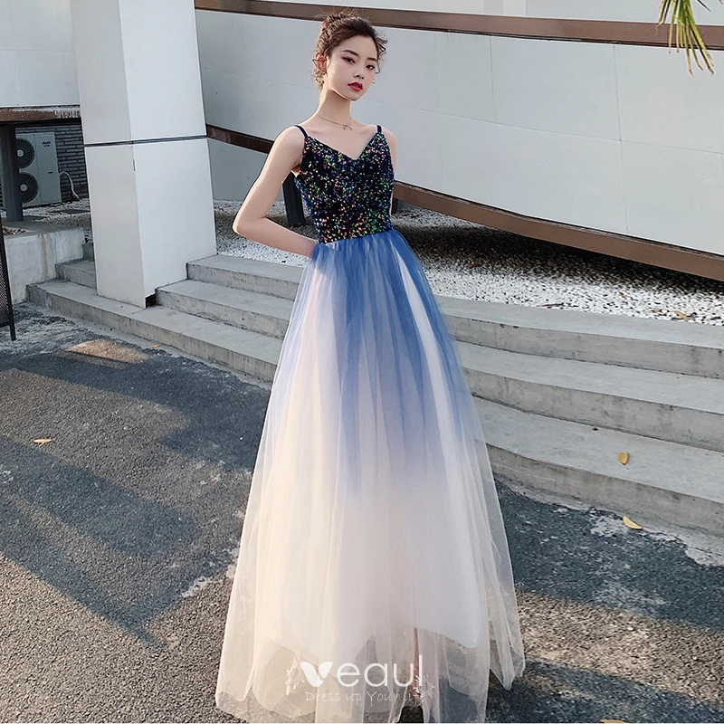 Chic / Beautiful Navy Blue Gradient-Color White Evening Dresses 2020 A-Line  / Princess Spaghetti Straps Sleeveless Sequins Floor-Length / Long Ruffle  Backless Formal Dresses