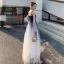 Chic / Belle Bleu Marine Dégradé De Couleur Blanche Robe De Soirée 2020 Princesse Bretelles Spaghetti Sans Manches Paillettes Longue Volants Dos Nu Robe De Ceremonie