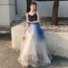 Chic / Beautiful Navy Blue Gradient-Color White Evening Dresses  2020 A-Line / Princess Spaghetti Straps Sleeveless Sequins Floor-Length / Long Ruffle Backless Formal Dresses