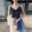 Chic / Belle Bleu Marine Dégradé De Couleur Blanche Robe De Soirée 2020 Princesse Bretelles Spaghetti Sans Manches Paillettes Longue Volants Dos Nu Robe De Ceremonie