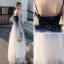 Chic / Belle Bleu Marine Dégradé De Couleur Blanche Robe De Soirée 2020 Princesse Bretelles Spaghetti Sans Manches Paillettes Longue Volants Dos Nu Robe De Ceremonie