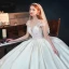 Illusion Ivory Satin See-through Bridal Wedding Dresses 2020 Ball Gown Scoop Neck Short Sleeve Backless Appliques Lace Beading Chapel Train Ruffle