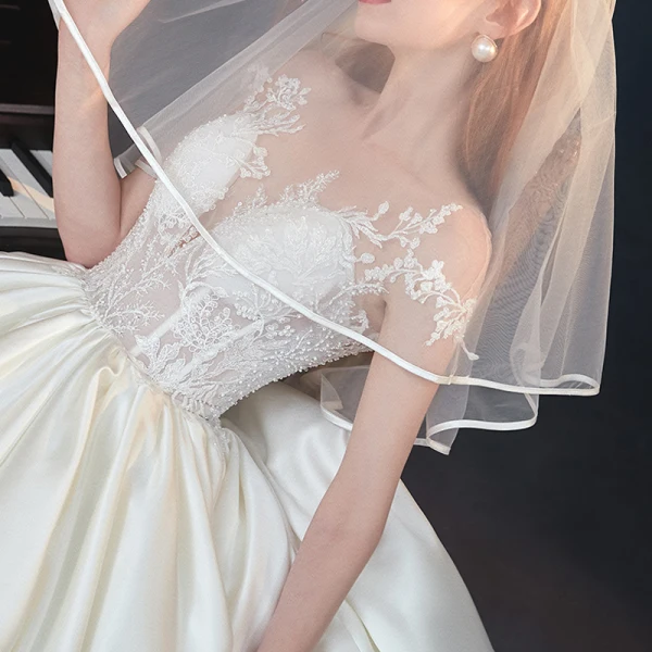Illusion Ivory Satin See-through Bridal Wedding Dresses 2020 Ball Gown Scoop Neck Short Sleeve Backless Appliques Lace Beading Chapel Train Ruffle