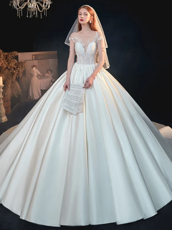 Illusion Ivory Satin See-through Bridal Wedding Dresses 2020 Ball Gown Scoop Neck Short Sleeve Backless Appliques Lace Beading Chapel Train Ruffle