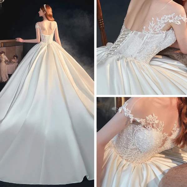 Illusion Ivory Satin See-through Bridal Wedding Dresses 2020 Ball Gown Scoop Neck Short Sleeve Backless Appliques Lace Beading Chapel Train Ruffle