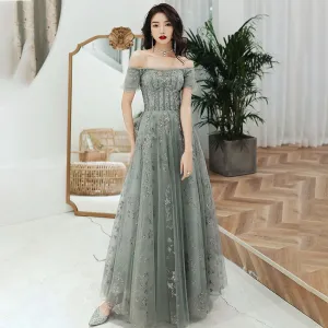 Chic Belle Vert Cendré Robe De Soirée 2020 Princesse De L Épaule Gonflée Manches Courtes Appliques Paillettes Longue Volants Dos Nu Robe De Ceremonie