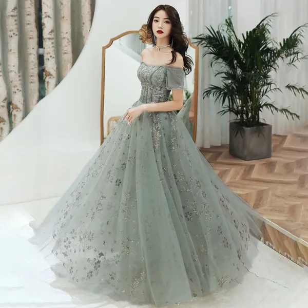 Chic / Beautiful Sage Green Evening Dresses 2020 A-Line / Princess Off-The-Shoulder Puffy Short Sleeve Appliques Sequins Floor-Length / Long Ruffle Backless Formal Dresses
