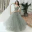Chic / Beautiful Sage Green Evening Dresses  2020 A-Line / Princess Off-The-Shoulder Puffy Short Sleeve Appliques Sequins Floor-Length / Long Ruffle Backless Formal Dresses