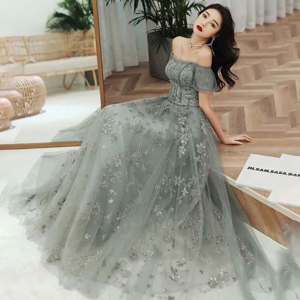 Chic / Beautiful Sage Green Evening Dresses 2020 A-Line / Princess Off-The-Shoulder Puffy Short Sleeve Appliques Sequins Floor-Length / Long Ruffle Backless Formal Dresses