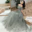 Chic / Beautiful Sage Green Evening Dresses  2020 A-Line / Princess Off-The-Shoulder Puffy Short Sleeve Appliques Sequins Floor-Length / Long Ruffle Backless Formal Dresses