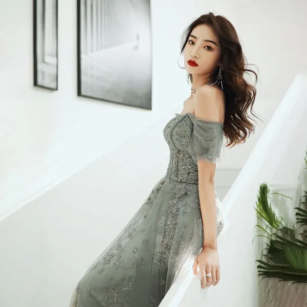 Chic / Beautiful Sage Green Evening Dresses 2020 A-Line / Princess Off-The-Shoulder Puffy Short Sleeve Appliques Sequins Floor-Length / Long Ruffle Backless Formal Dresses