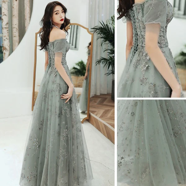 Chic / Beautiful Sage Green Evening Dresses 2020 A-Line / Princess Off-The-Shoulder Puffy Short Sleeve Appliques Sequins Floor-Length / Long Ruffle Backless Formal Dresses