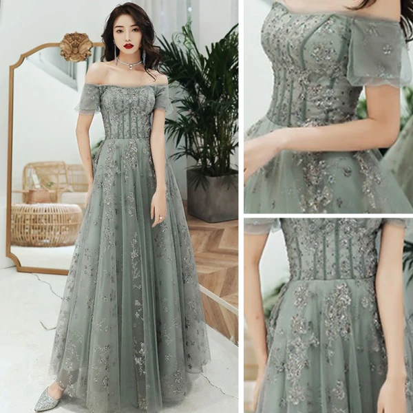 Chic / Beautiful Sage Green Evening Dresses 2020 A-Line / Princess Off-The-Shoulder Puffy Short Sleeve Appliques Sequins Floor-Length / Long Ruffle Backless Formal Dresses