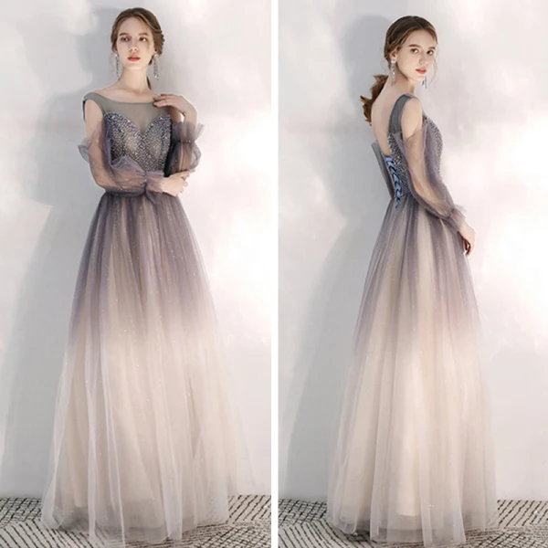 Illusion Violett Farbverlauf Champagner Durchsichtige Abendkleider 2020 A Linie Rundhalsausschnitt Geschwollenes Lange Ärmel Perlenstickerei Pailletten Glanz Tülle Lange Rüschen Rückenfreies Festliche Kleider