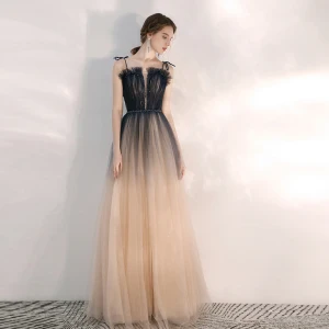 Elegant Mørk Marineblå Gradient Farge Champagne Selskapskjoler 2020 Prinsesse Spaghettistropper Uten Ermer Beading Glitter Tyll Lange Buste Ryggløse Formelle Kjoler