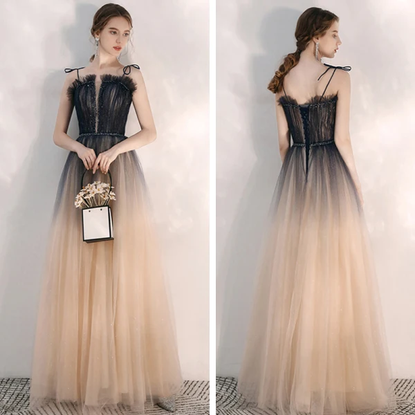 Élégant Bleu Marine Dégradé De Couleur Champagne Robe De Soirée 2020 Princesse Bretelles Spaghetti Sans Manches Perlage Glitter Tulle Longue Volants Dos Nu Robe De Ceremonie