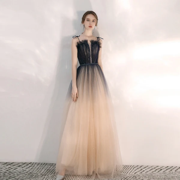 Élégant Bleu Marine Dégradé De Couleur Champagne Robe De Soirée 2020 Princesse Bretelles Spaghetti Sans Manches Perlage Glitter Tulle Longue Volants Dos Nu Robe De Ceremonie