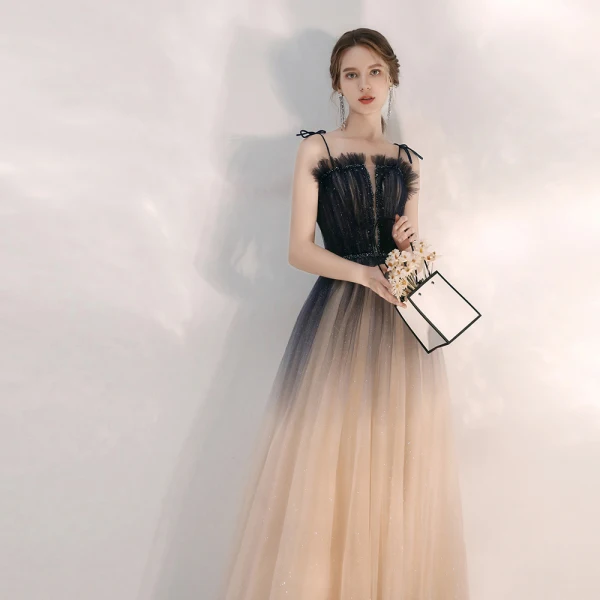 Élégant Bleu Marine Dégradé De Couleur Champagne Robe De Soirée 2020 Princesse Bretelles Spaghetti Sans Manches Perlage Glitter Tulle Longue Volants Dos Nu Robe De Ceremonie